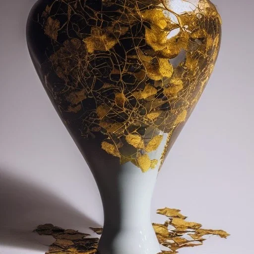 photo of a cracked ceramic vase repaired with gold, kintsugi, beautiful, vines and leaves, rosebuds, delicate, cinematic, high detail, beautiful composition, delicate arrangement, aesthetic, soft lighting, award winning photography, tender