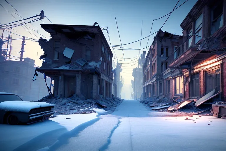 Michigan, streets of detroit, slums, snow, winter , run down, residental homes , destroyed buildings, unity, scriptable render pipeline , blue tone, volumetric , blue emission , lighting.