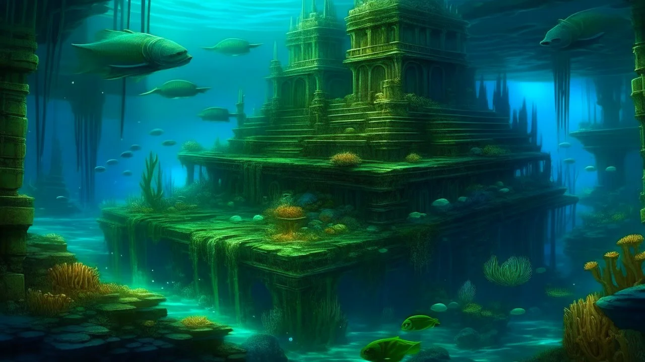 An ancient city under the ocean, whose buildings are covered in coral and luminous algae. The amphibious inhabitants of Atlanthea have developed architecture that glows with bioluminescence, and the city is surrounded by underwater gardens and exotic sea creatures.