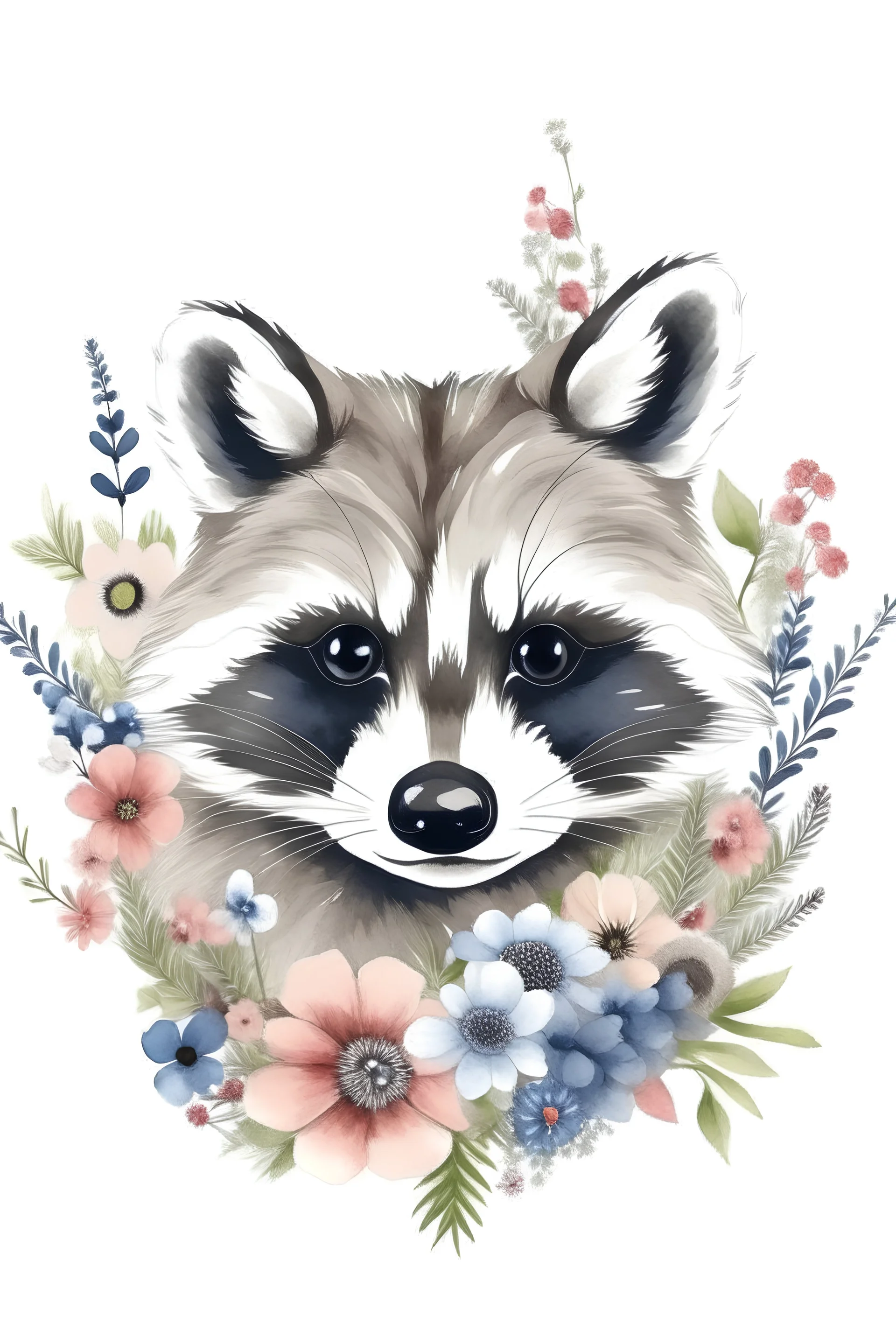 Typography portrait of a raccoon with flowers around her on a white background.