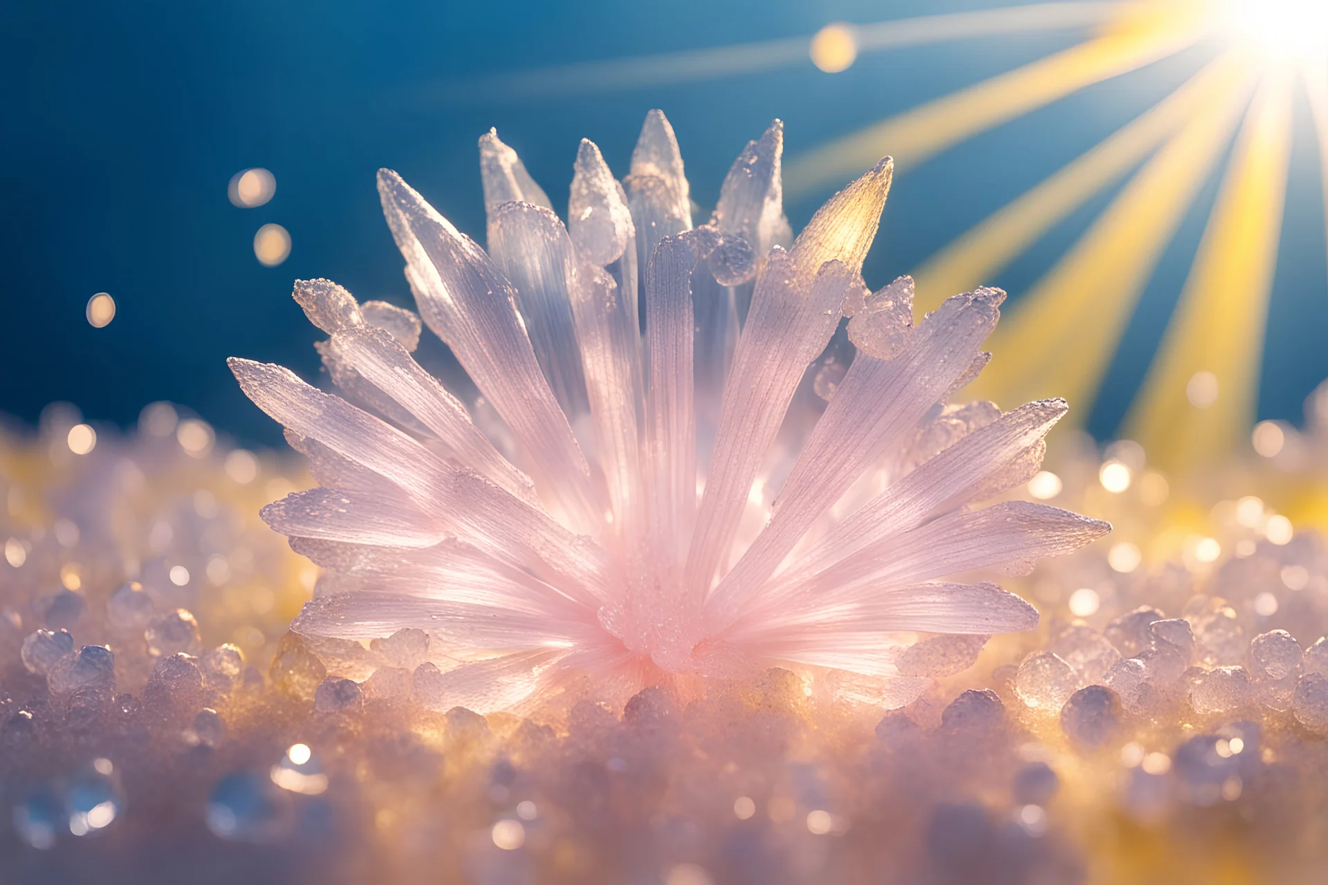 cristalli trasparenticon gocce di rugiada rosa chiaro con luce gialla circondati datanti raggi di sole gialli con sfondo azzurro