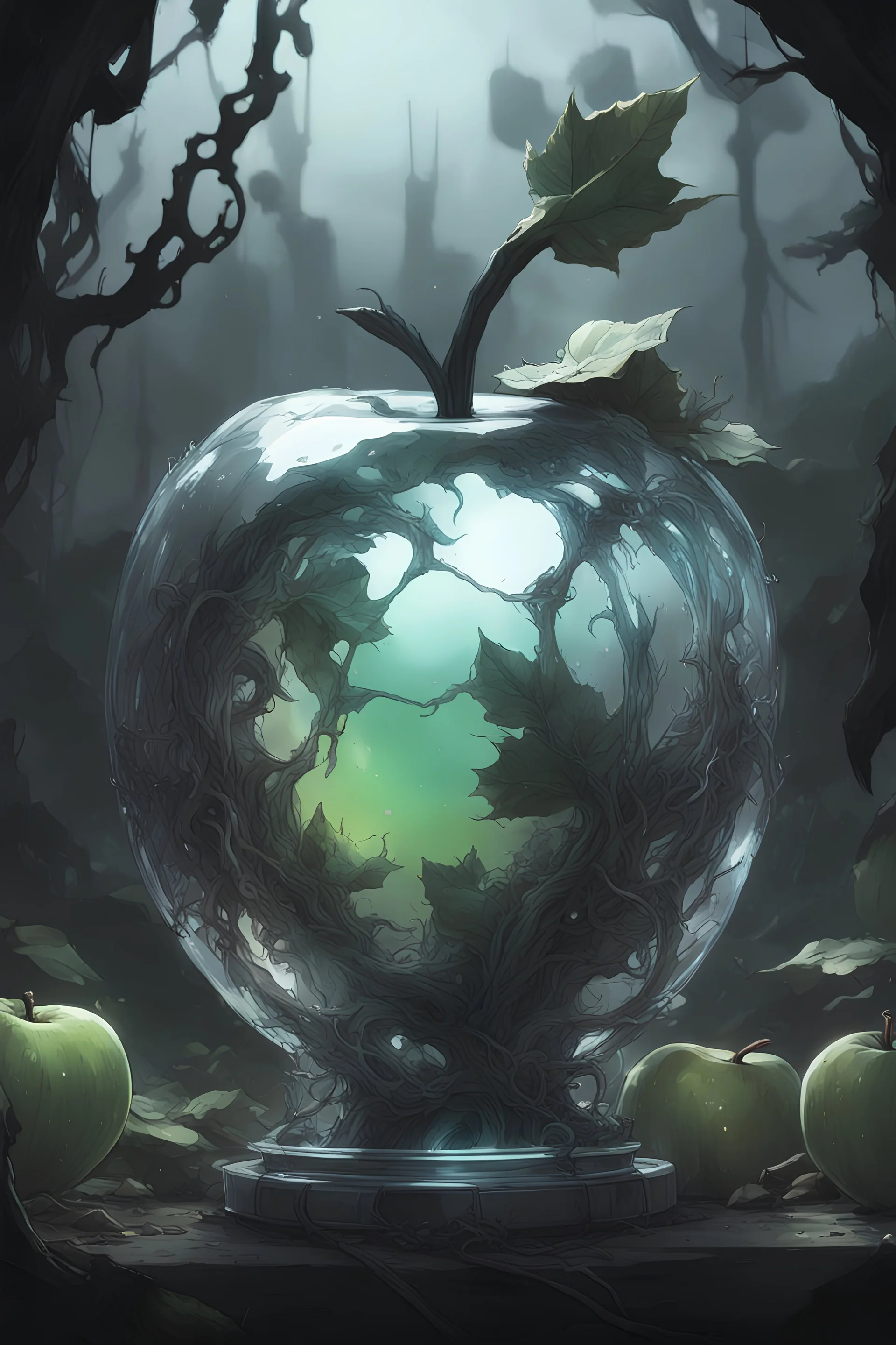 (Close mid-shot), Krenz cushart style, grey somber filter, ultra detailed visually rich 2d cartoon manga concept art illustration of a glass apple, created with the main focus on the mechanical post apocalyptic overgrown wilderness style from Horizon: forbidden west, (((candid photography))), luminous and enchanting, dark and eerie, lit dark fantasy realm, (((rule of thirds))) depth of field intricate details, subtle colors, fantastical realm, extremely detailed, ultra sharp focus, light particl