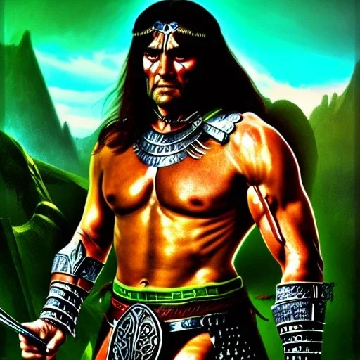 ultra detailed portrait of Conan the barbarian, wearing armor, extremely detailed digital painting, extremely detailed face,crystal clear green eyes, in the style of robert e howard and pablo oliveira, mystical colors, rim light, beautiful lighting, 8 k, stunning scene, raytracing