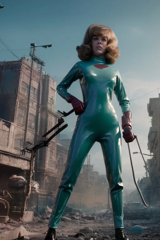 retro sci-fi press image, supermarket explosions from 1960, sweet young Jane Fonda, tight latex suit, weapon, fighting stance, soft color, highly detailed, unreal engine 5, ray tracing, RTX, lumen lighting, ultra detail, volumetric lighting, 3d, finely drawn, high definition, high resolution.