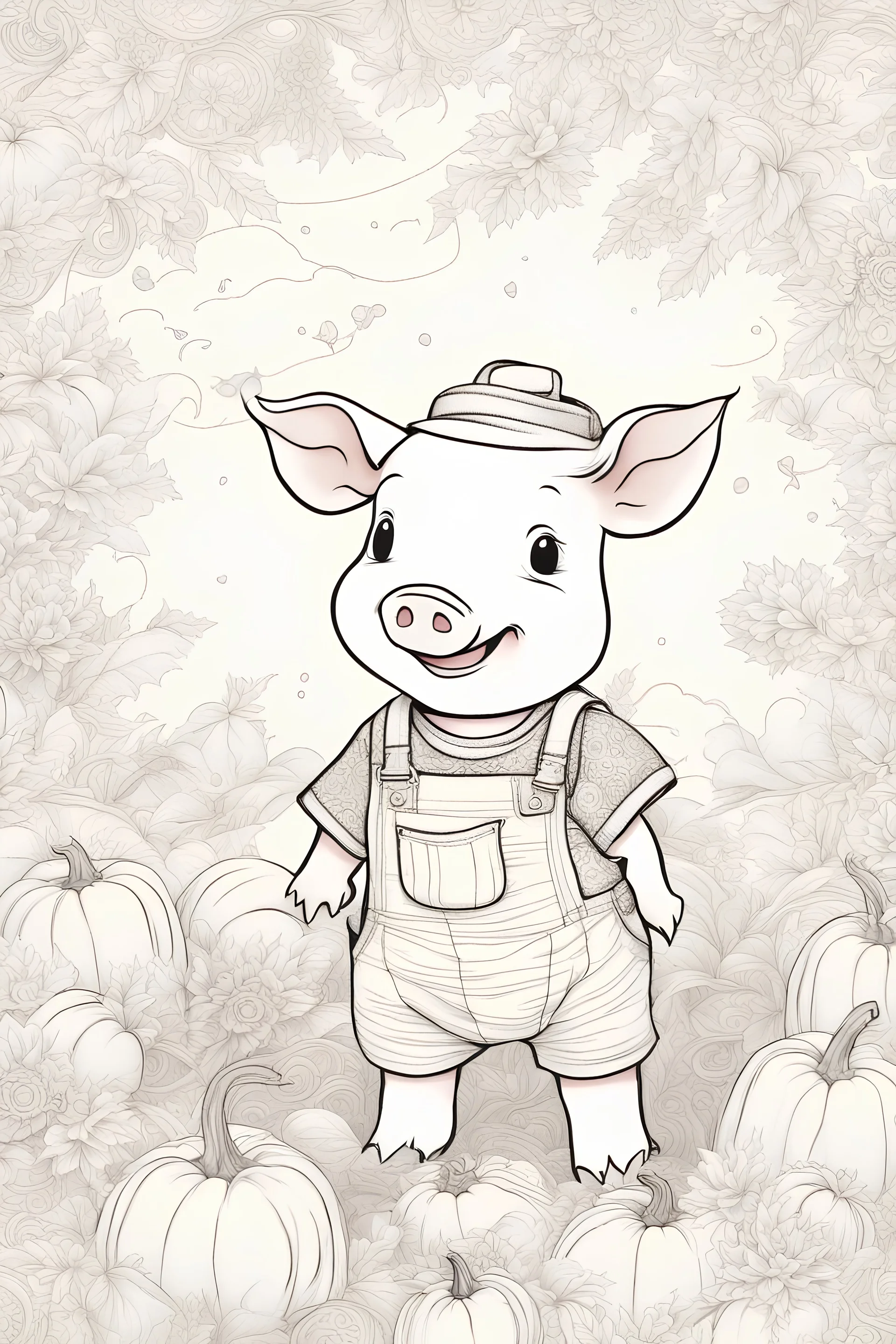 Piggy's Pumpkin Patch Adventure: A jovial piglet, dressed in tiny overalls, happily navigating a pumpkin patch. The overalls have intricate mandala-style patterns, and the clear line art gives a charming, rustic feel. The background is a serene white.