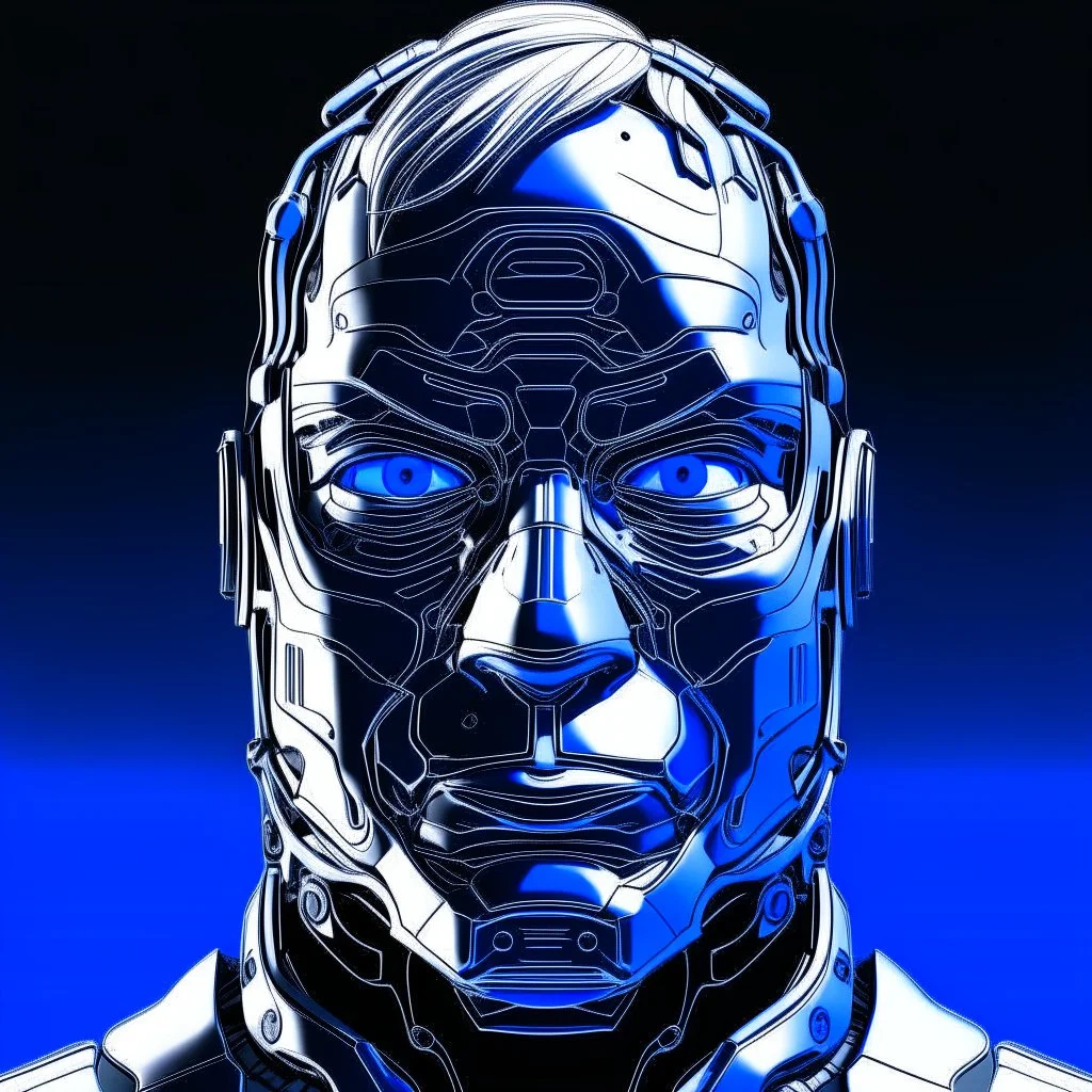 Cyborg armor with helmet on head serious face