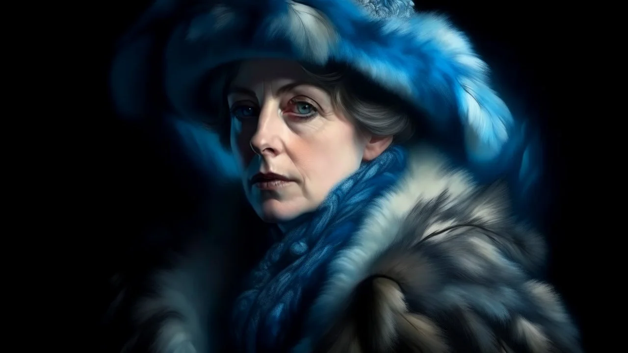 Portrait of a woman with cold blue skin, intricate details, wearing a fur coat and hat, realistic painting style inspired by John Singer Sargent and Edgar Degas, studio lighting with soft shadows, long shot