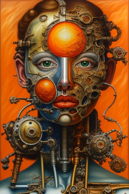 a painting of clouds in orange sunset, by lucian freud and botero, rust, scaffolding, iron cladding, decay, mixed media, textured, anatomically correct, beautiful woman perfect face, green eyes, sharp focus, highly detailed. desolate background. the royal tenenbaums