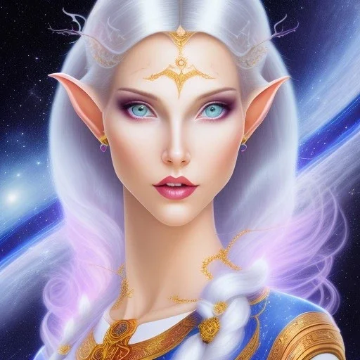 cosmic mage, elf, female, cosmic magic, long ears, white hair, face details, pale skin, jewellery, broad shoulders, sharp ears, cosmic clothes, cosmic eyes, ears shown, the cosmos in eyes, shining eyes, thin face, detailed ears, magical eyes, closed mouth, make up, smiling face, happy face, pointy ears