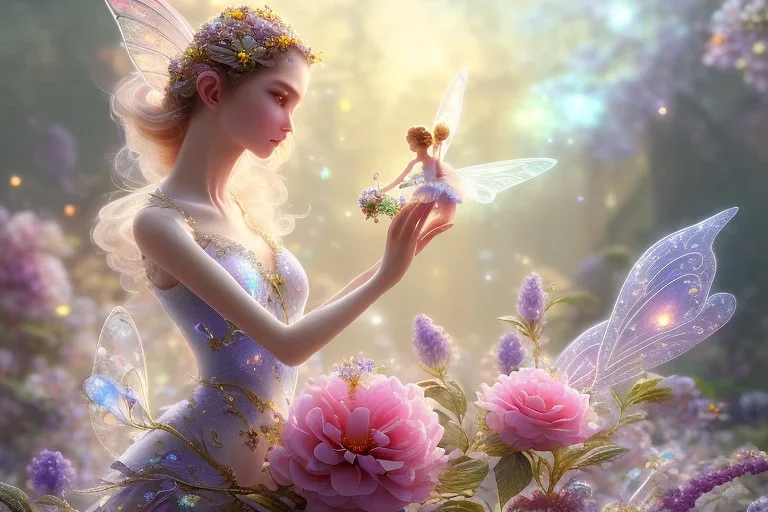 one very little beautiful fairy on a big crystal subtle flower in a galactic ambiance, transparent petals, delicate colors, in the foreground, full of details, smooth, bright sunshine，soft light atmosphere, light effect，vaporwave colorful, concept art, smooth, extremely sharp detail, finely tuned detail, ultra high definition, 8 k, unreal engine 5, ultra sharp focus