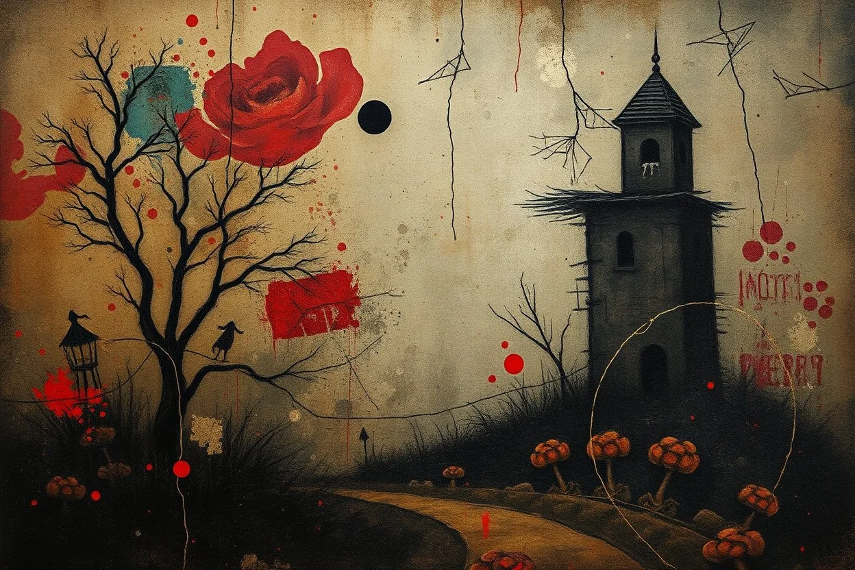 folk art of a hand painted antique canvas of a Risograph Art of a Art ,into the moody backdrop creates an atmosphere of enchantment and mystery high resolution fine detailed textures fine colors scratches, tears, burn marks, cracks in the paint in the mix style of Joan Miro Gabriel Pacheco, antique extreme canvas textured, blurry old style