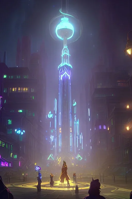 a city at night with a elf wizard who is holding a glowing orb