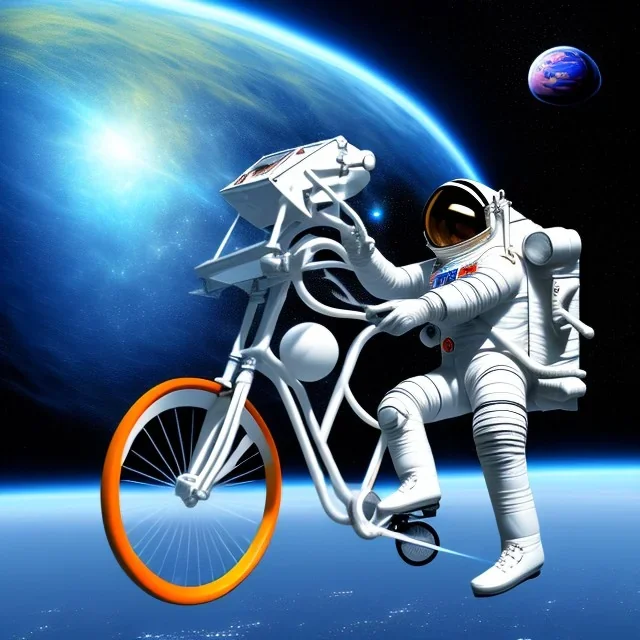 ein astronaut fährt im weltall fahrrad