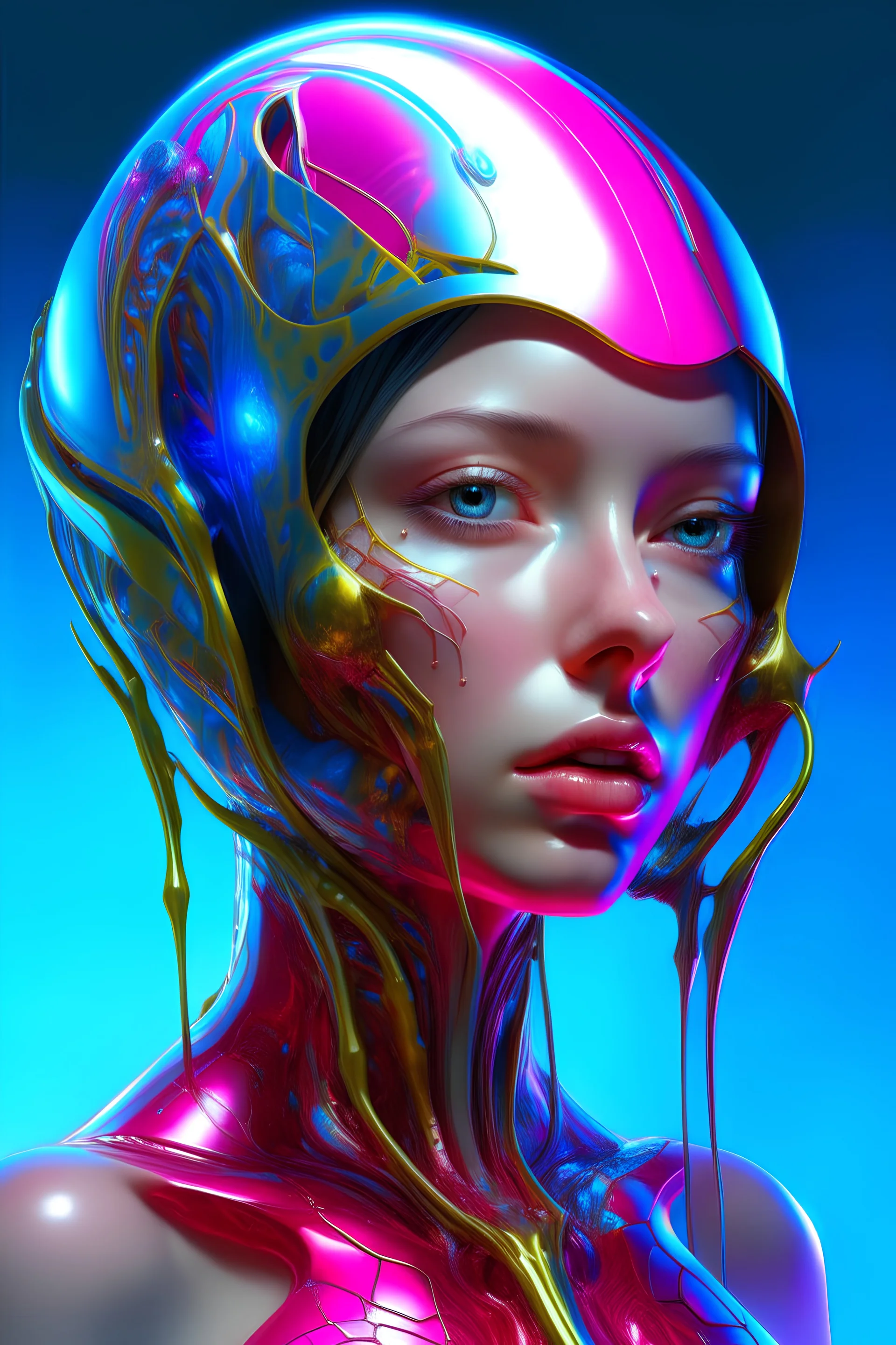 "portrait of beautiful alien female face in painted metal, long pink, azure, white, highly detailed, sparkling and golden dew neon curves, pretty facial features, chest, unreal motor, perfect legs, cute outfit, stunning features, ink, splash art", Karol Bak, Royo, WLOP" head and shoulders portrait, 8k resolution concept art portrait by Greg Rutkowski, Artgerm, WLOP, Alphonse Mucha dynamic lighting hyperdetailed intricately detailed Splash art trending on Artstation triadic colors Unreal Engine 5