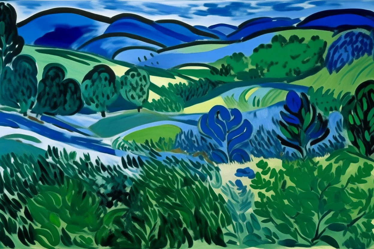 A greenish blue tundra in the ice age painted by Henri Matisse