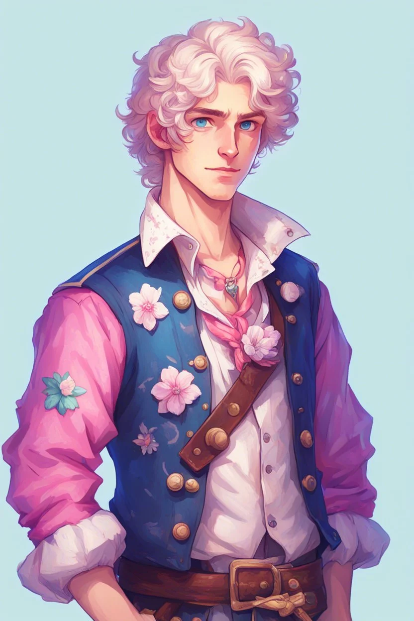 kind young sailor, man, white slightly curly hair, pirate shirt, pink and azure clothes, white floral pattern on jacket, flower in hair, stardew valley style