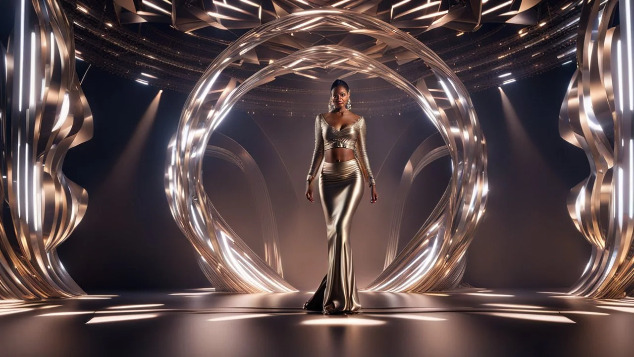 a 16 by 9 picture of 3d fractal stage structre made of metallic color 3d recursive structures, pertty artistc background,dynamic animating lights,a beautiful lady in pretty maxi skirt and blouse dancing on stage