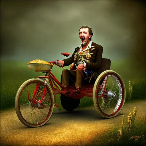 a mentally ill man with a few teeth, riding a tricycle