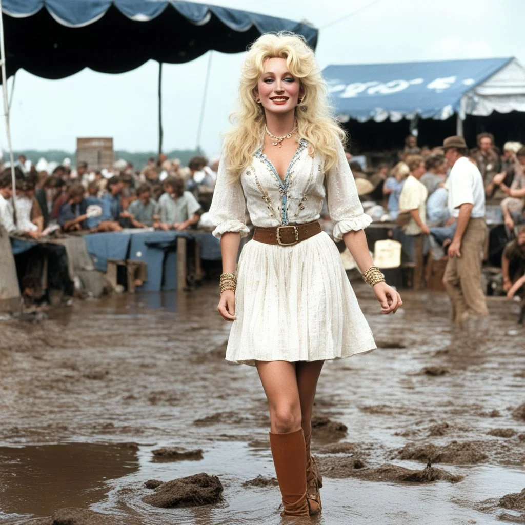 alluring young Dolly Parton on stage at Woodstock, she is 19 years old, Woodstock is well of mud and beatnik attendees, her long wavy blonde hair and her square jaws make her unique, she stands up with muddy sandals