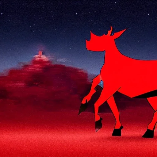 red samurai riding a red rhino, full moon background