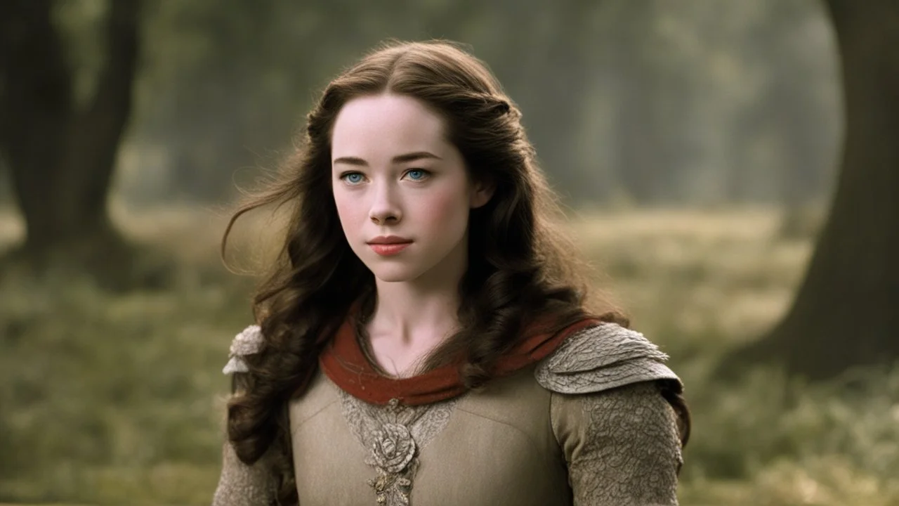Anna Popplewell as Susan like brunette Diana the Huntress in her iconic scene of Narnia, Prince Caspian, by C.S. Lewis (1951)