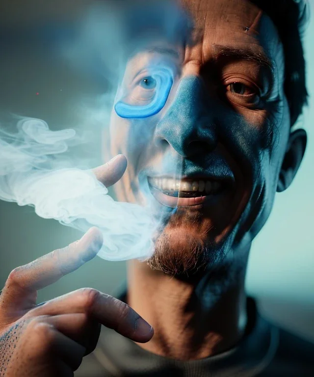 Realistic image, waist up view, a guy making the fuck you gesture with his hand, blue smoke coming out of his eyes, nose and mouth. Happy, smile, soft color, highly detailed, unreal engine 5, ray tracing, RTX, lumen lighting, ultra detail, volumetric lighting, 3d, finely drawn, high definition, high resolution.