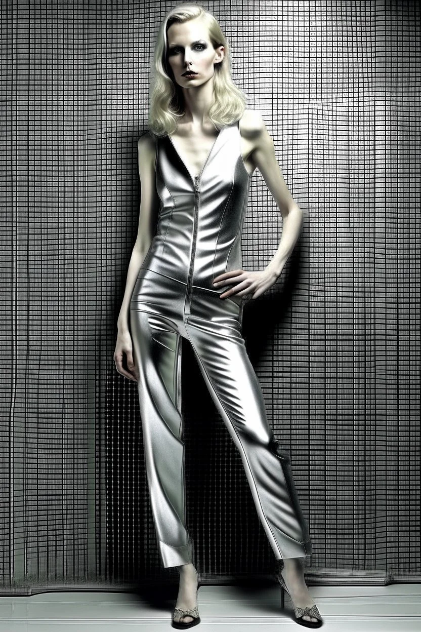 beautiful woman, full body shot, helmut newton, anorexic, silver swimsuit, photorealistic, blond hair to chin, pornographic pose