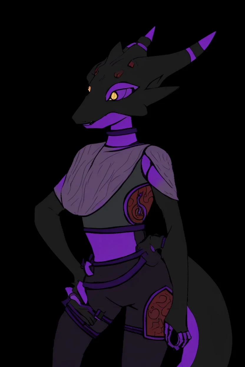 a black and purple, female argonian artificer who uses Tesla coils as weapons, skinny, lightly armored