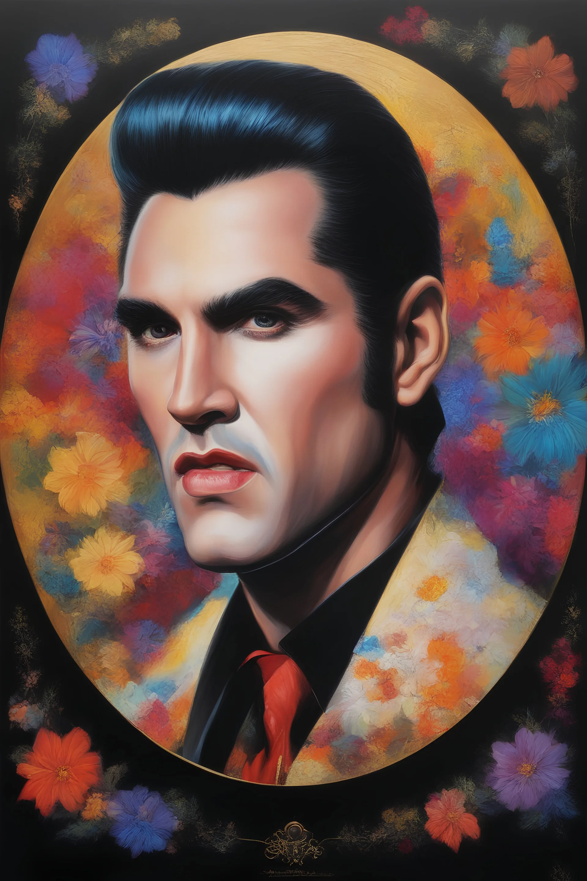 Count Dracula's face inside a small gold circle, Elvis Presley, multicolored, large, Floral/rainbow designs, atmospheric, beautiful, bright, vibrant colors, pitch-black background, oil painting by Boris Vallejo, 4k UHD, Photorealistic, professional quality