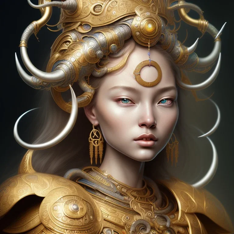 Sango fantasy, fantasy magic, intricate, sharp focus, illustration, highly detailed, digital painting, concept art, matte, art germ and Paul Lewin and Kehinde Wiley, masterpiece silver elephant head bronze Buddha Asian African girl nice breast Hawaiian hair turquoise golden waves