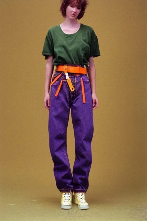 year 1998 denim fashion. Loose, baggy, low waist Combat pants and t-shirt. Colors: denim blue, blue, purple, cream, khaki, light green, lilac, plum, orange, terracotta, red, light yellow, lion yellow, pink, dark blue, beige. Lynx-pattern, lynx-print. wide belt. Partly latex or leather. Kylie Minogue, Tyra Banks. leg warmer. Cargo pants.