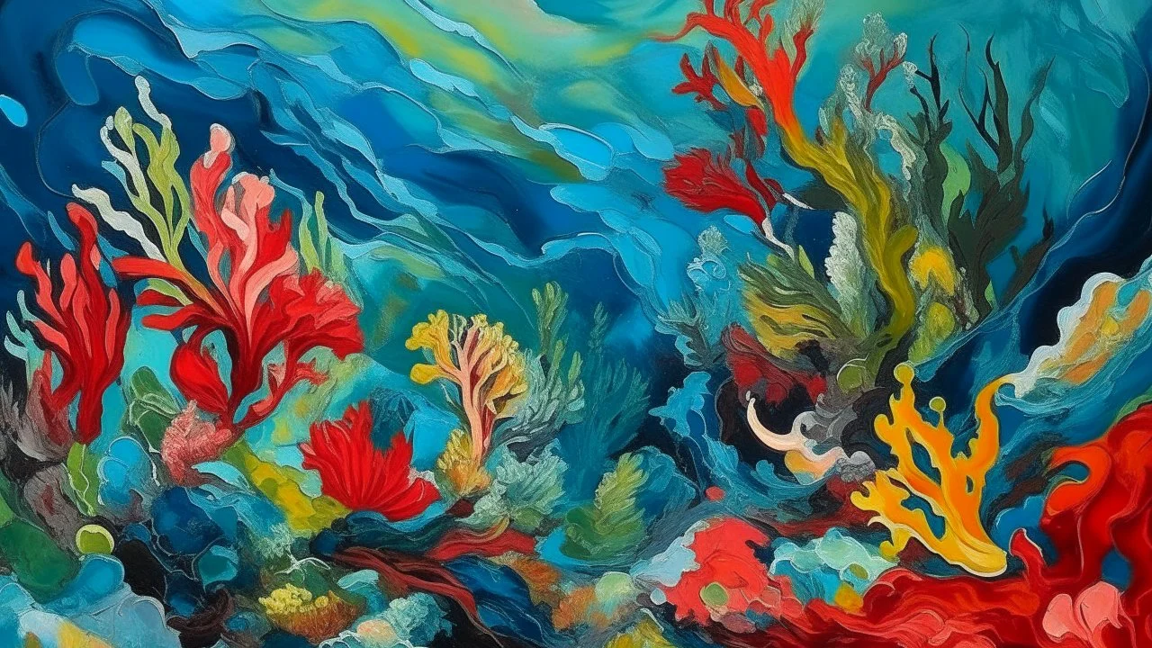 Paint an abstract underwater or marine scene, with corals and sea creatures distorted by perspective, using vivid colors mixed with earth tones, dense textures and visible layers of paint, inspired by the technique of Miquel Barceló and his almost sculptural treatment of color and matter