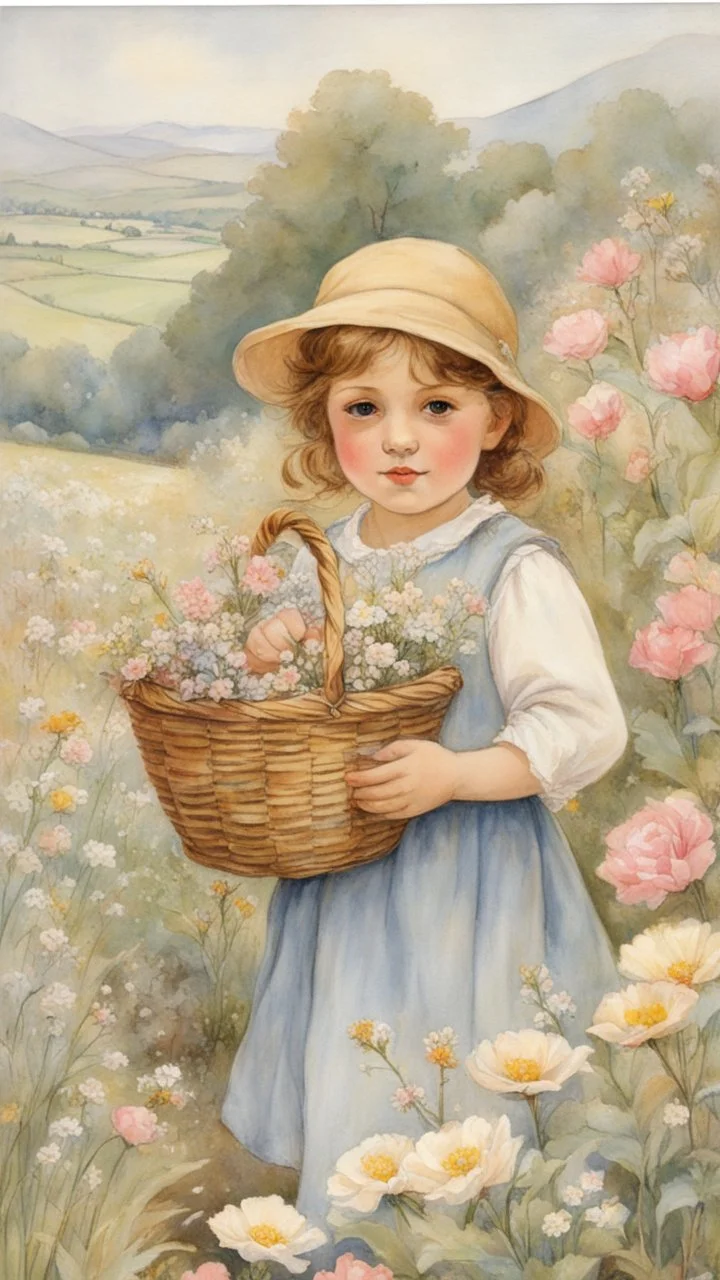 a painting of a little girl holding a basket of flowers, by Cicely Mary Barker, inspired by Cicely Mary Barker, may gibbs, by Beatrix Potter, by Celia Frances Bedford, by Rosalie Emslie, style of beatrix potter, girl in a flower field, girl in flowers, by Kate Greenaway, classic children's illustration