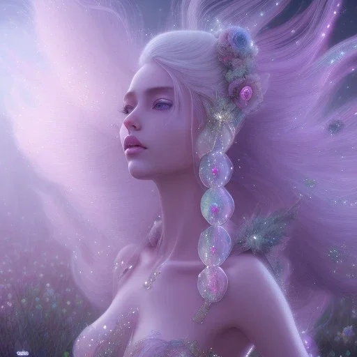 one big crystal glitter pink blue subtle galactic fairy in a galactic ambiance,glitter long blond hair down to the ground,transparent petals,blue eyes,delicate colors in the foreground, full of details, smooth，soft pink violet light atmosphere, light effect，vaporwave colorful, concept art, smooth, extremely sharp detail, finely tuned detail, ultra high definition, 8 k, unreal engine 5, ultra sharp focus