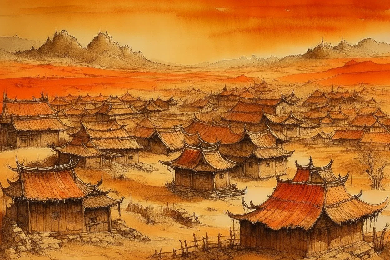 An orange colored Chinese village in a wasteland painted by Albrecht Durer