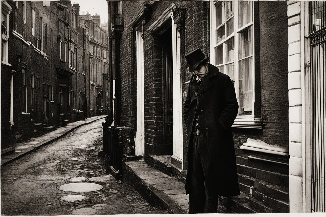 man in dark clothing, hiding around a corner while looking down on a brightly lit Victorian street