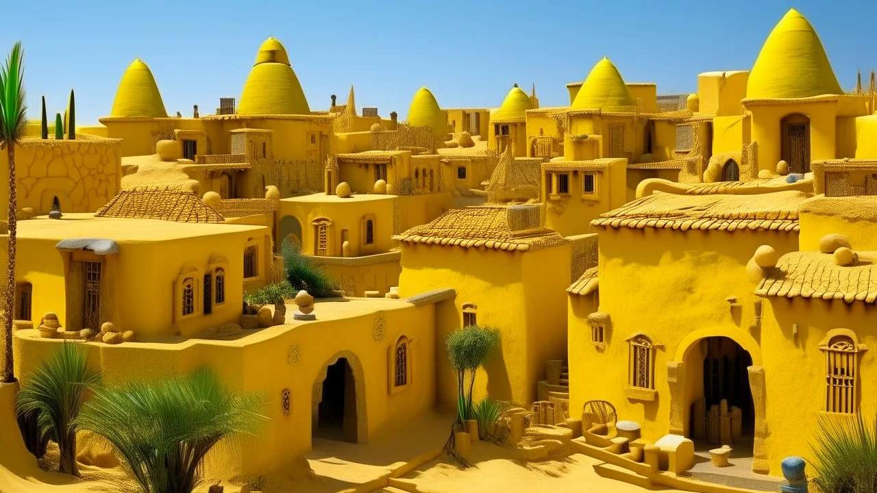 A golden yellow village with classical instrument shaped houses designed in ancient Egyptian hieroglyphics painted by Auguste Rodin