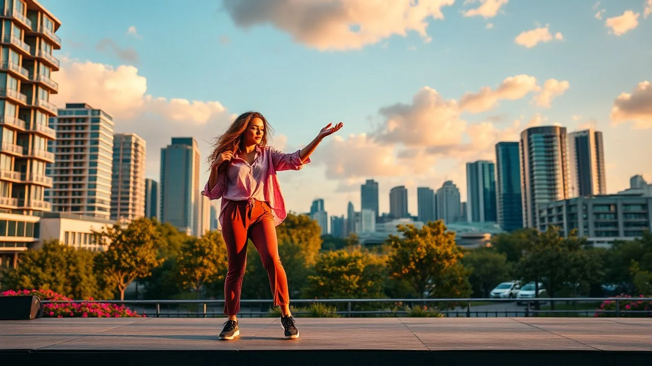 beautiful lady with makeup in pants and pretty shirt curvy long hair sport shoes dancing in a open stage in a modern city cnter,modern city escape at dintant ,flowers and trees ,pretty clouds, golden hour