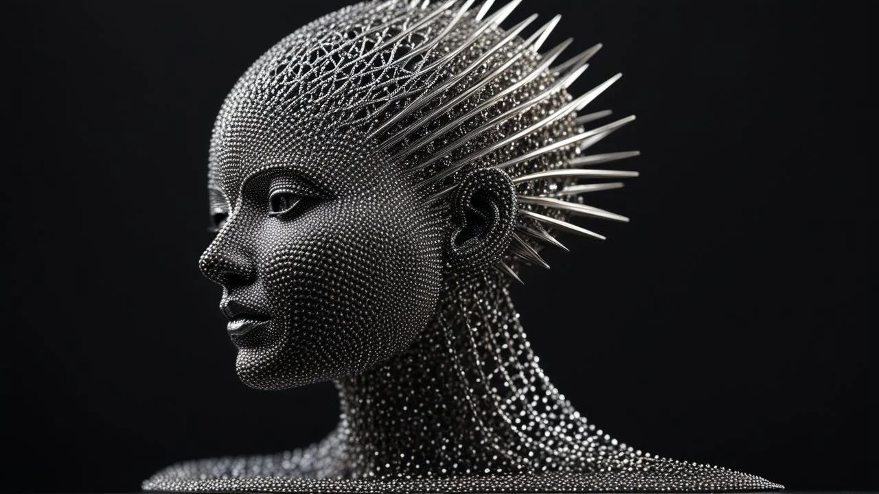 A (((female humanoid sculpture))), intricate and detailed, crafted from thousands of (((tiny steel spikes))), each element expertly fashioned with razor-sharp precision, standing confidently against a (black, sleek backdrop). The figure's delicate features are beautifully replicated, showcasing the elegant curves of its form and the precise angles of its face, creating a dazzling interplay of light and shadow that draws the eye