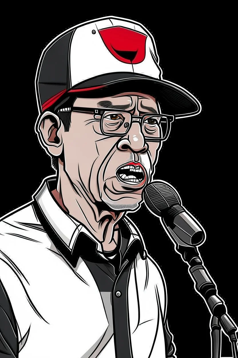 Ilustración vectorial de Gustavo Petro con gorra deportiva camisa, hablando con micrófono, colores negro, blanco y rojo, fondo negro