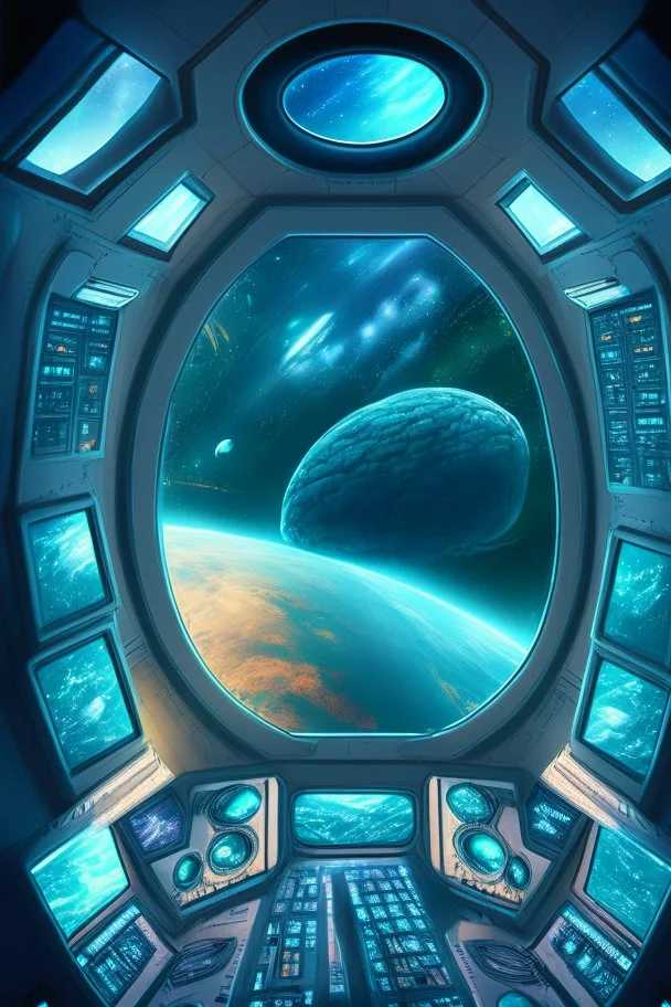 view from inside a huge spaceship. Many windows in front showing the planet earth. 3 aliens being control complex buttons and screens.