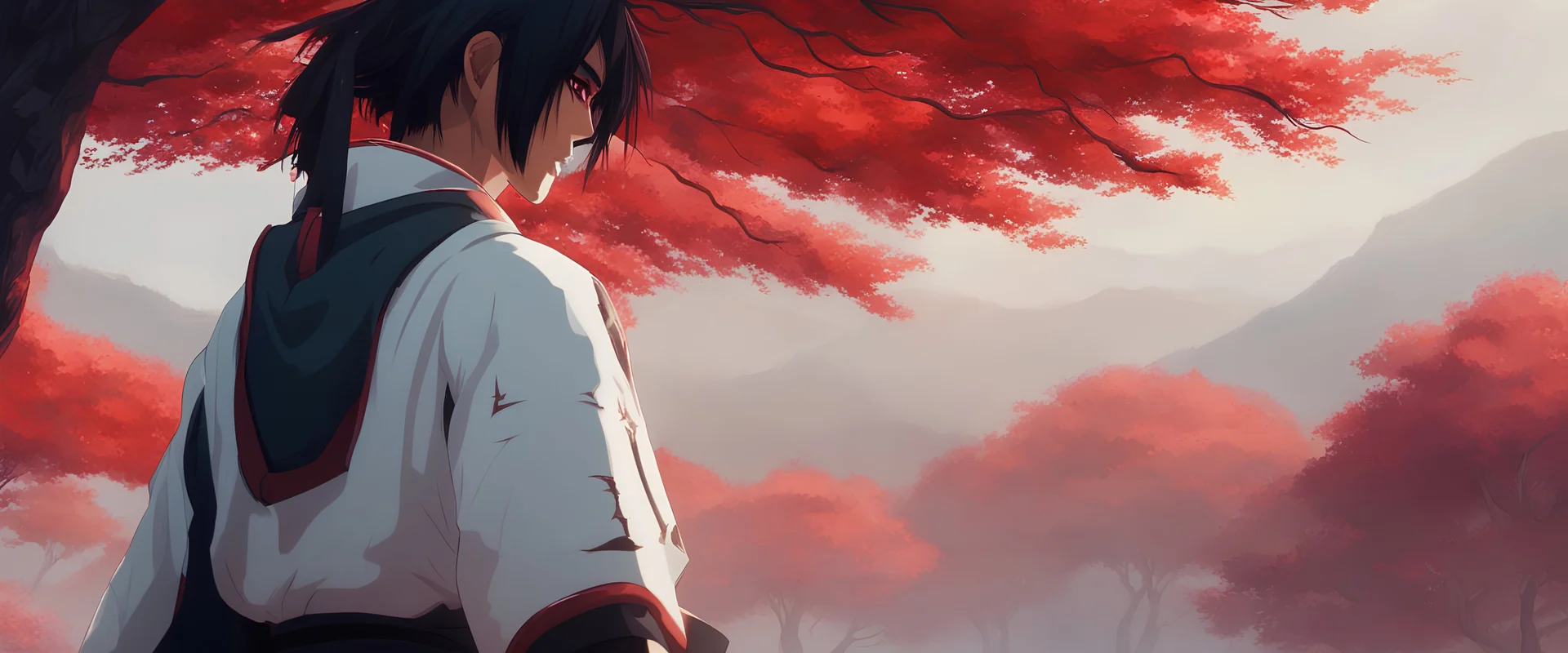 This character, in the style of Lofi Girl but in a male version, is a samurai who holds two swords. Despite the futuristic version of him, his clothing retains the essence of the samurai, standing out in a vibrant red color. His black hair falls to his shoulders, giving him a distinctive look. The position of the character is on the left in the background of the scene as if it were a YouTube banner. To the right of him, the seasons of the year are clearly divided by lines. In spring, you can see