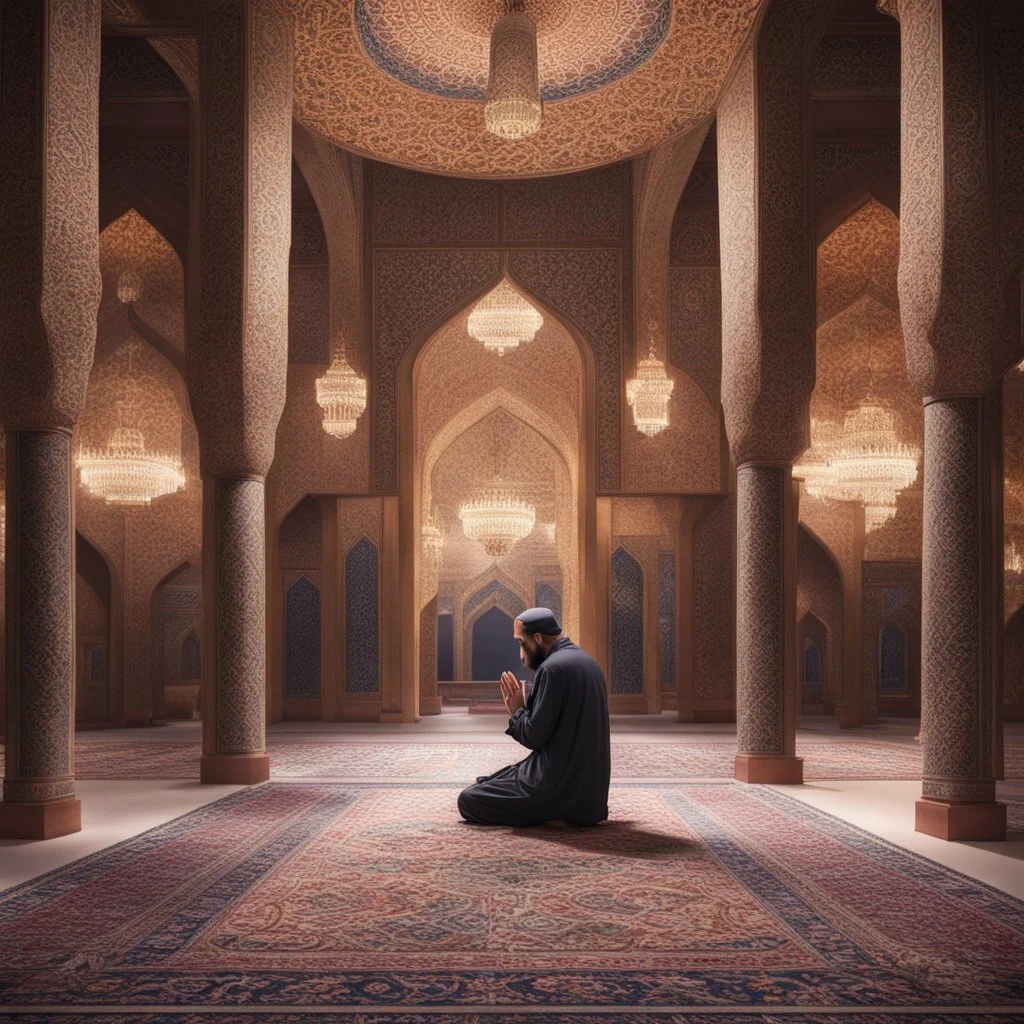 Hyper Realistic man praying in sajda inside a beautifully crafted mosque with fancy walls & pillars, chandeliers & beautiful carpet at night