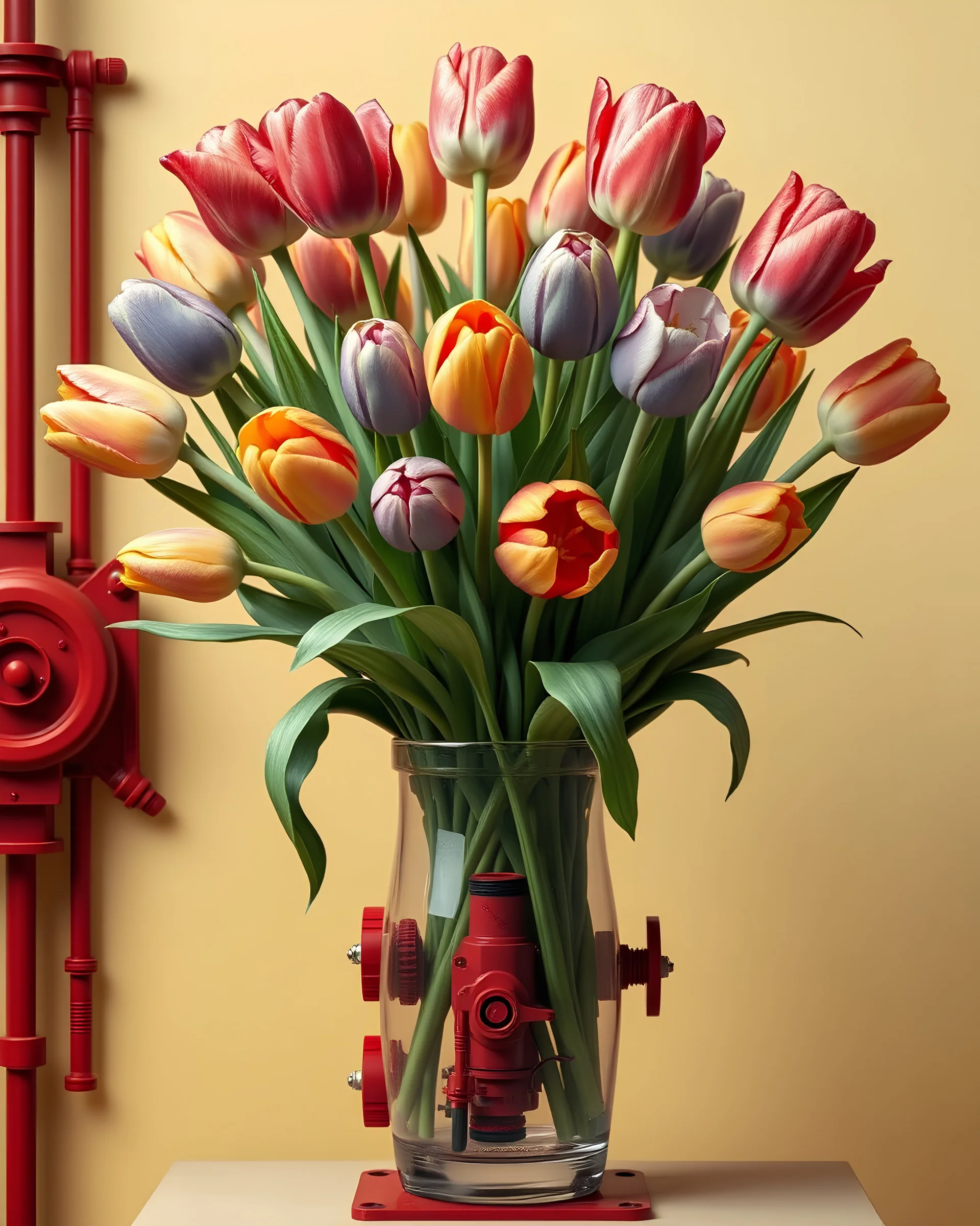 3d holographic editorial photo. A painting of beautiful colorful tulips bouquet in a vase, Van Gogh Style, full frame, facing frontal, with very detailed red machine components, cream background, cream colour background, bright background landscape, ornate, intricate, complex, highly detailed, digital painting, smooth, art by tom bagshaw, akihiko yoshida, highly detailed, realistic, Van Gogh