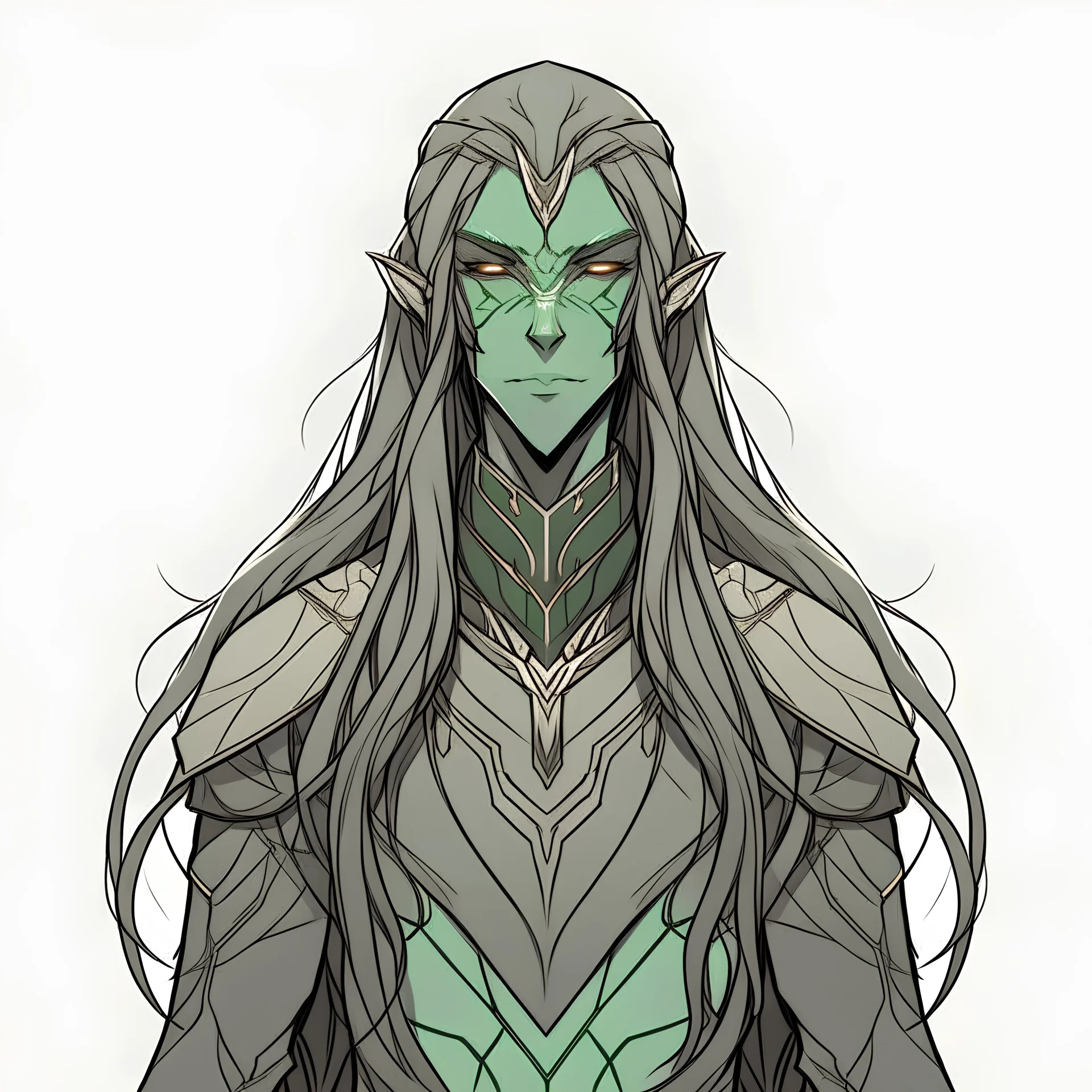 Character desgin of an alien race called Dhaizaer, anime style, front facing, long hair,