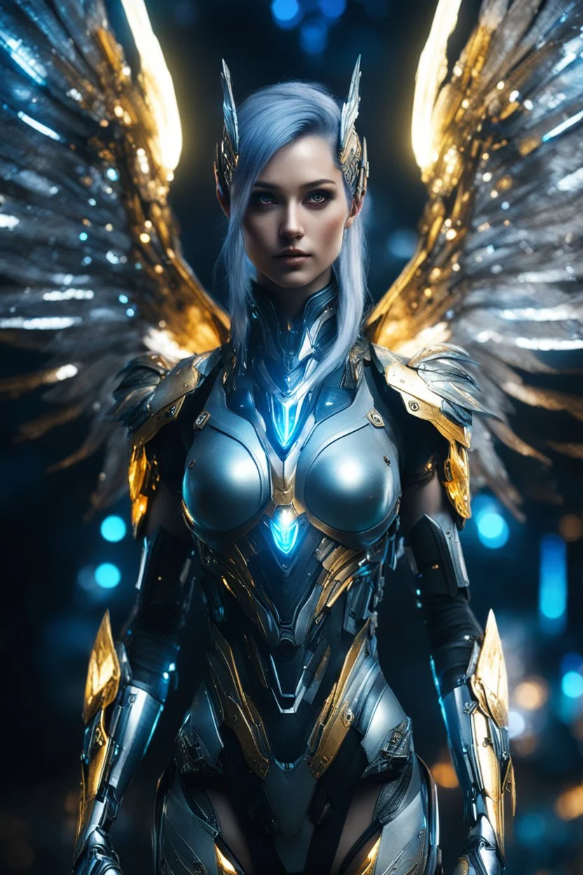 Facing Front night Photography Realistic High Details,Natural Beauty,Beautiful Angel Pretty woman cyborg cybernetic ,futuristic warframe armor,wings ,in Magical Planets Cosmic full of lights colors,glowing in the dark, Photography Art Photoshoot Art Cinematic Soft Blur Colors