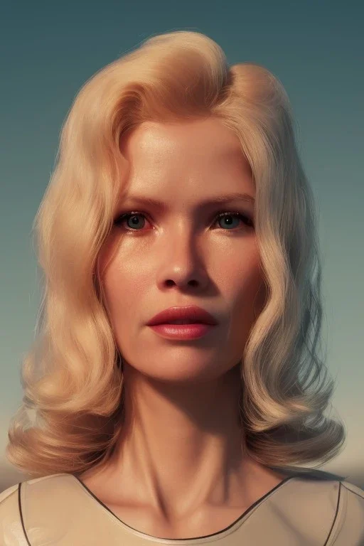 Ultra Realistic retro sci-fi scene, waist up view portrait, blonde woman, sweet young Claudia Schiffer face, perfect iris, glow eyes, makeup. Saturn background, Retro sci-fi style, helmet, tight latex coat, fog, rain, soft color, highly detailed, unreal engine 5, ray tracing, RTX, lumen lighting, ultra detail, volumetric lighting, 3d, finely drawn, high definition, high resolution.