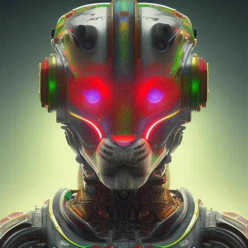 A beautiful portrait of a cyborg lion red green color scheme, high key lighting, volumetric light high details psychedelic background