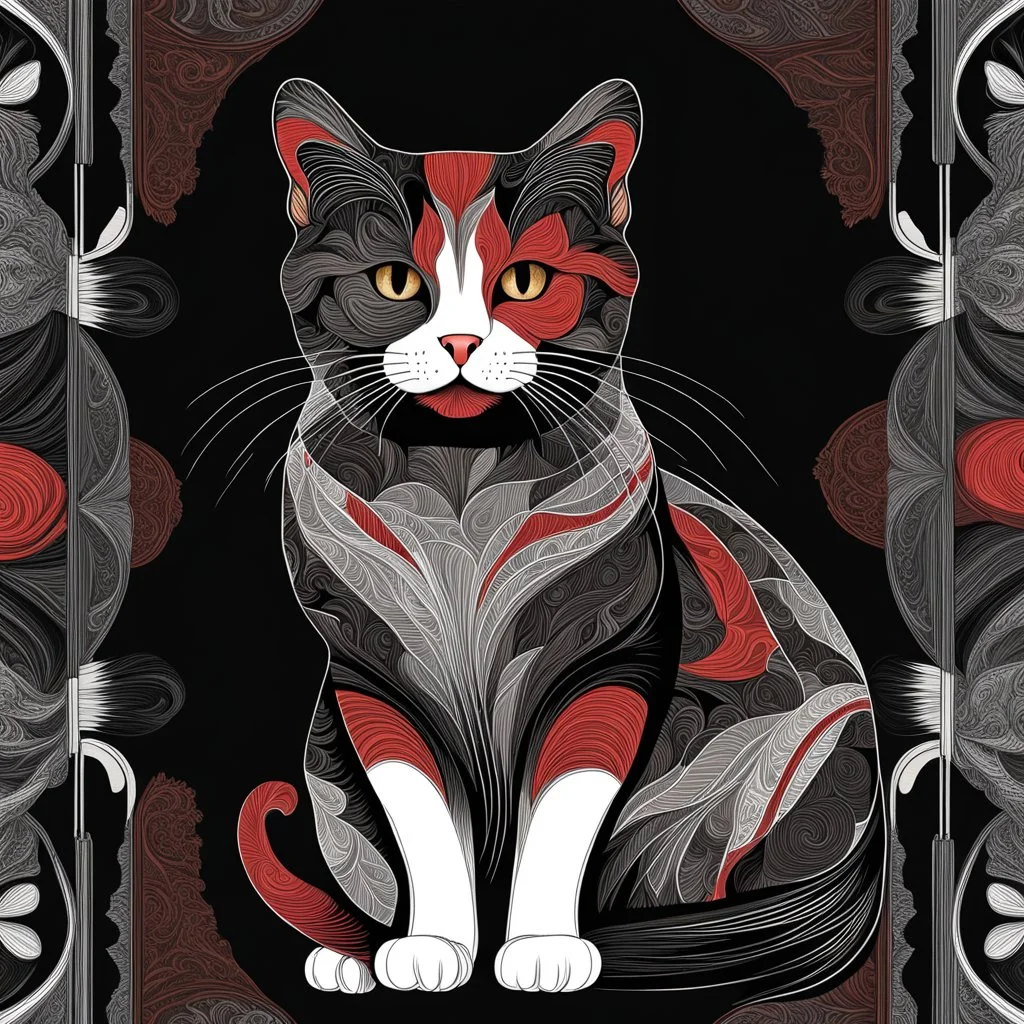 Art illustration lineal art gato calicó calidad ultra, hiperdetallado, 12k, fondo negro, color blanco, rojo, negro y marrón full body