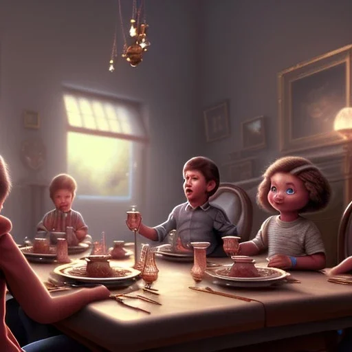 you are around the table,Steven Spielberg style,Sylvester,Stallone toddler,realistic photo,sweet,concept art,smooth,unreal engine 5,god lights,tracing,RTX,lumen lighting,ultra detail,volumetric lighting,3d